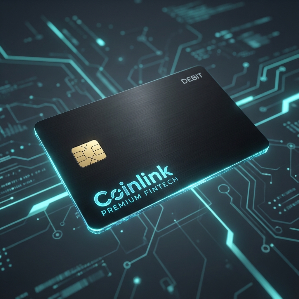 A premium, futuristic fintech debit card floating in a sleek, dark-themed digital environment.